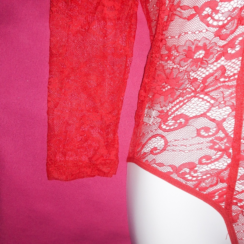Red Sheer Lace Long Sleeve Bodysuit Romper - Picture 6 of 7